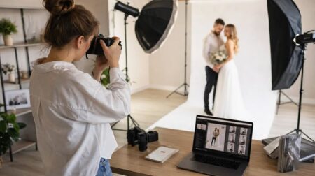 Жінка-фотограф у сучасній фотостудії фотографує пару