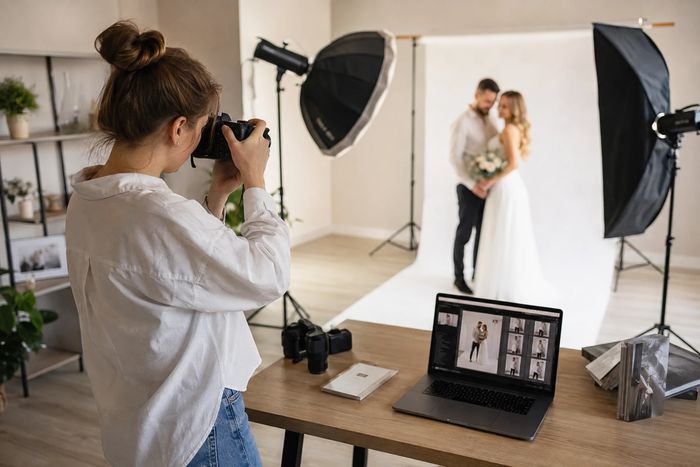 Жінка-фотограф у сучасній фотостудії фотографує пару