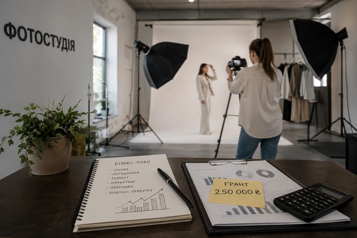 Жінка-фотограф у сучасній фотостудії фотографує